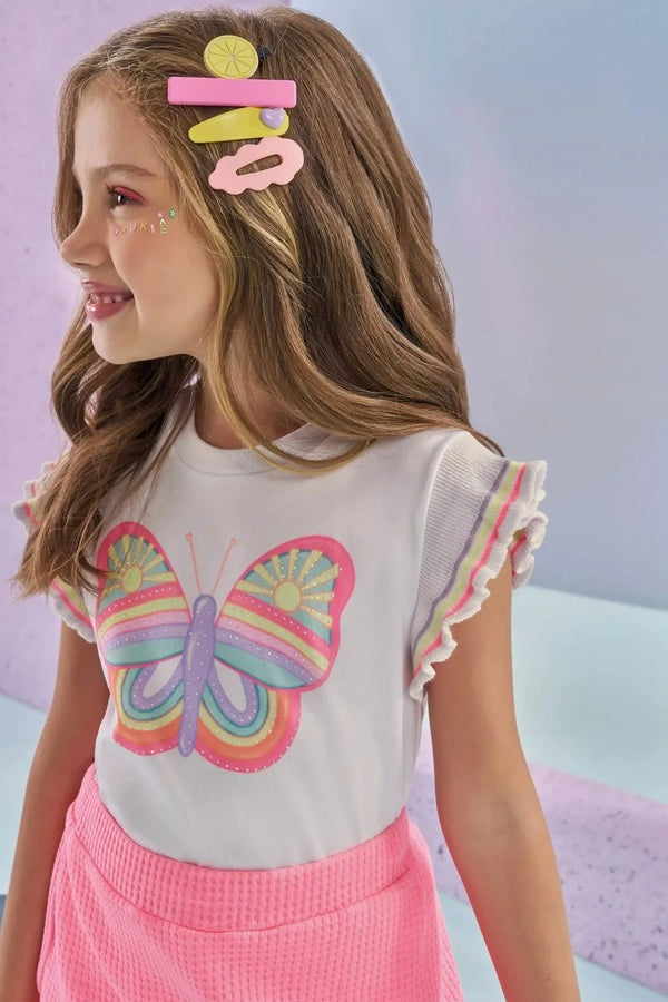 Conjunto Infantil Kukiê Verão com Shorts Saia Rosa e Blusa Branca Borboleta com Strass