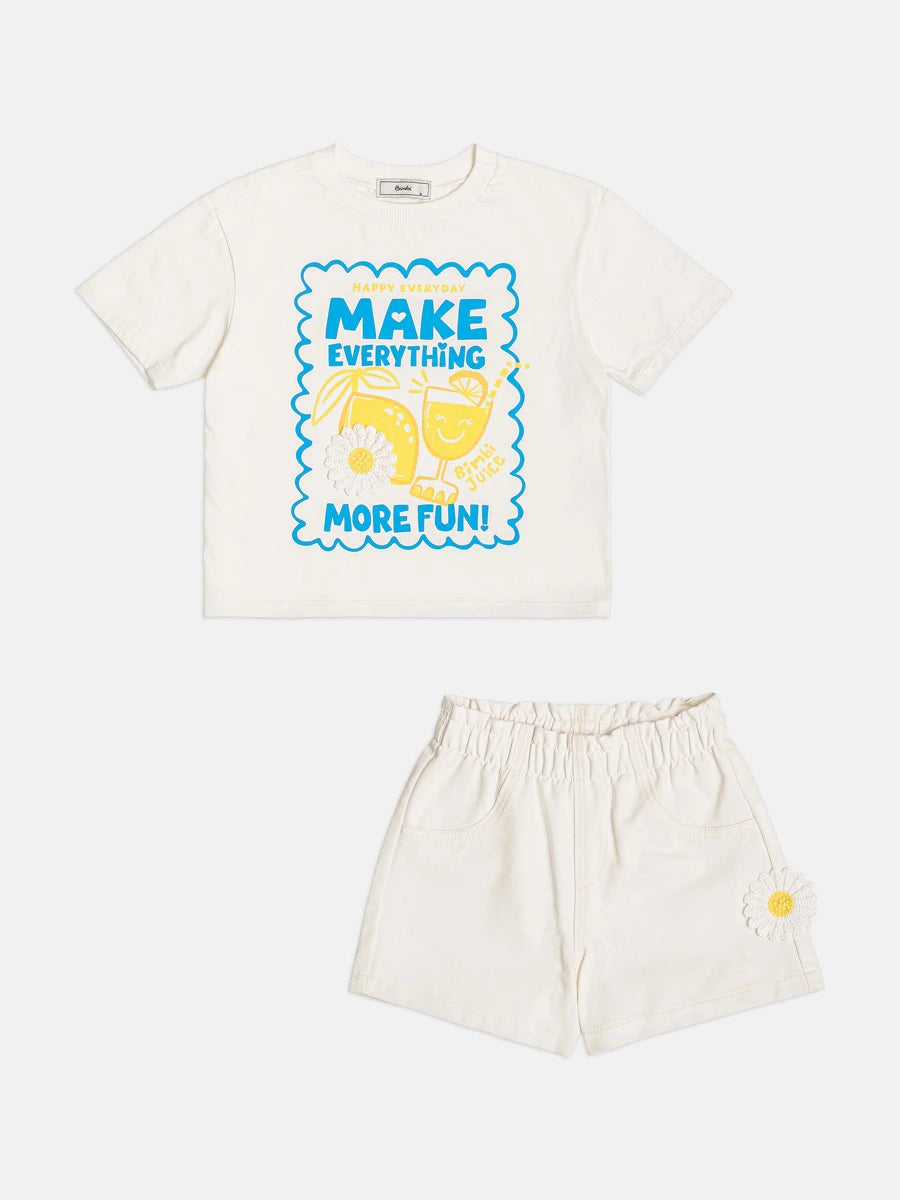 Conjunto Infantil Menina Bimbi com Shorts e Blusa Branca Limãozinho