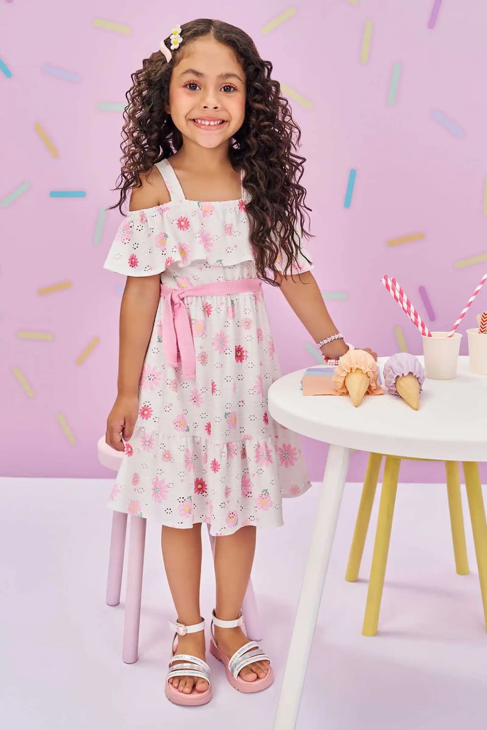 Vestido Infantil Kukie Verão Branco em Laise Floral