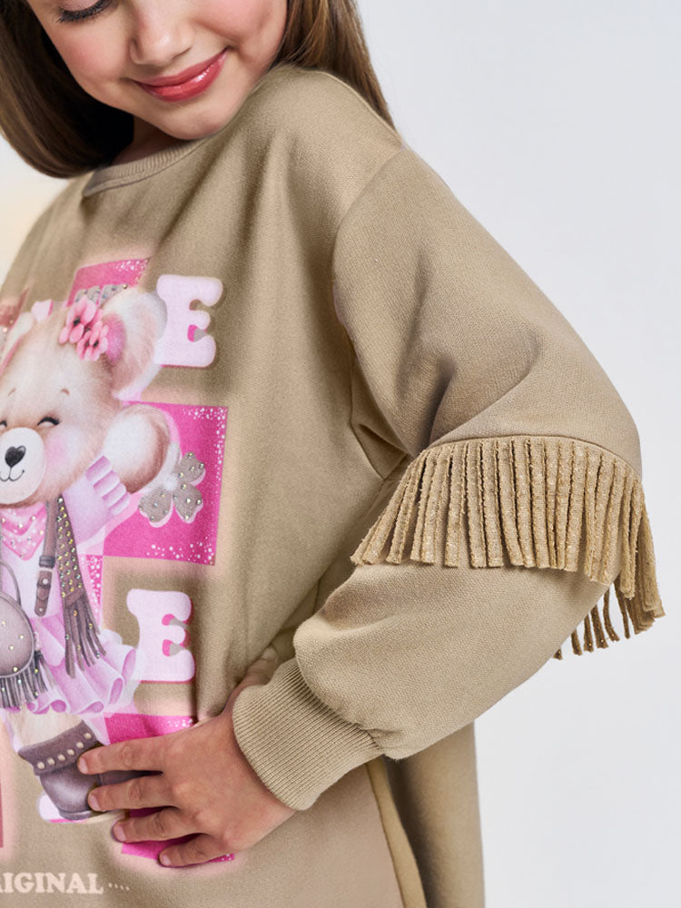 Vestido Infantil Cinti Inverno Flanelado Bege Ursinha Fashion