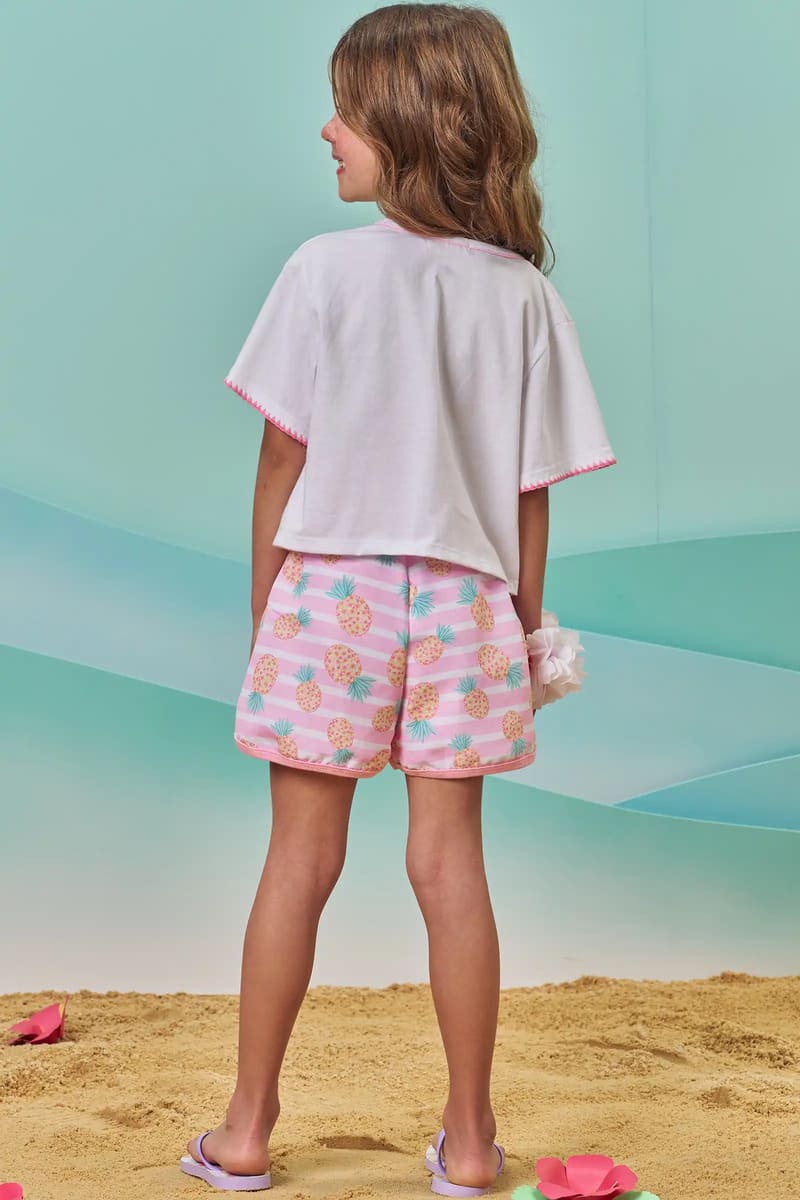 Conjunto Infantil Kukiê Verão com Shorts Rosa e Blusa Branca Ursinha na Praia