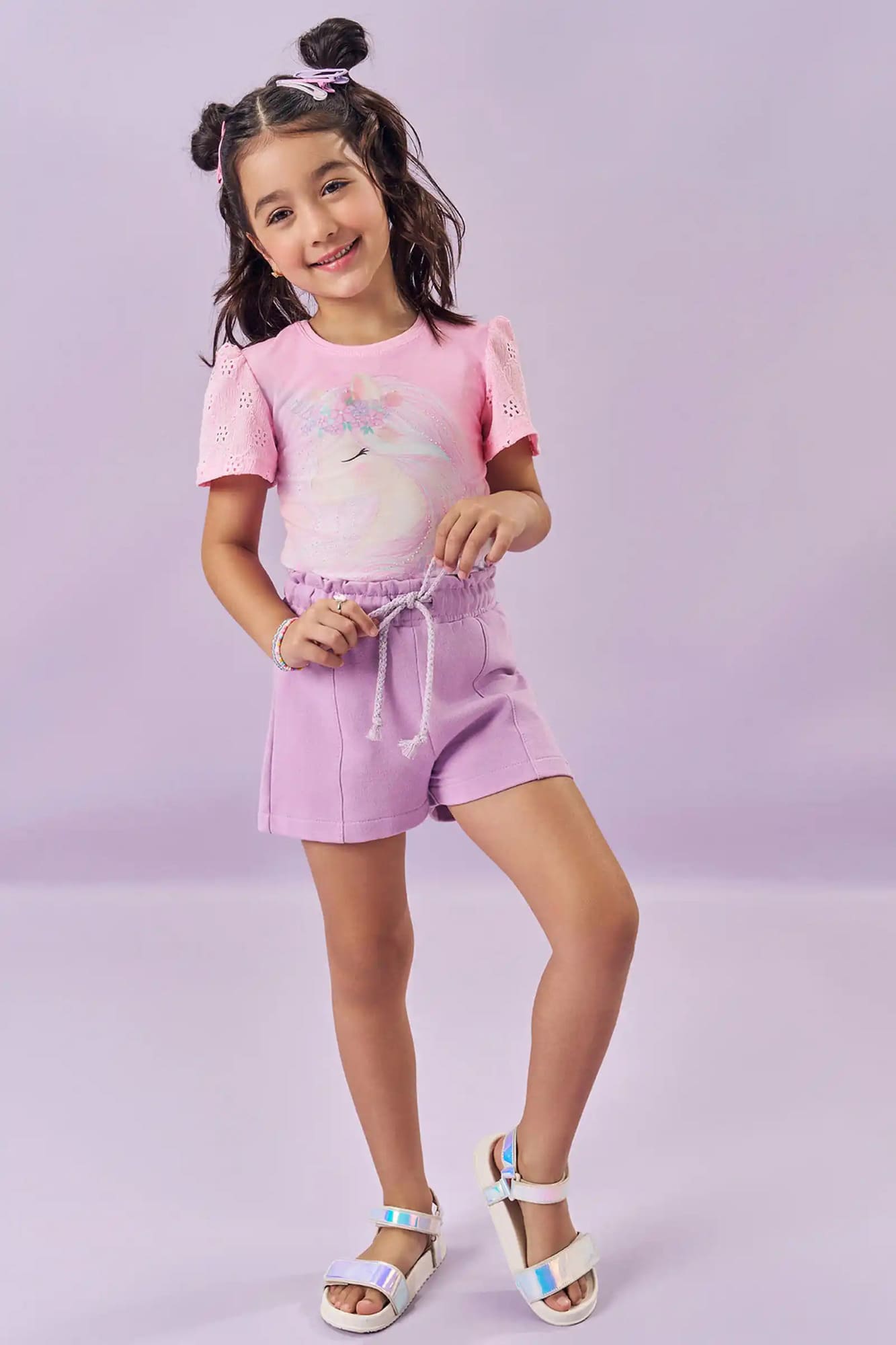 Conjunto Infantil Kukiê Verão com Shorts Lilás e Blusa Rosa Unicórnio