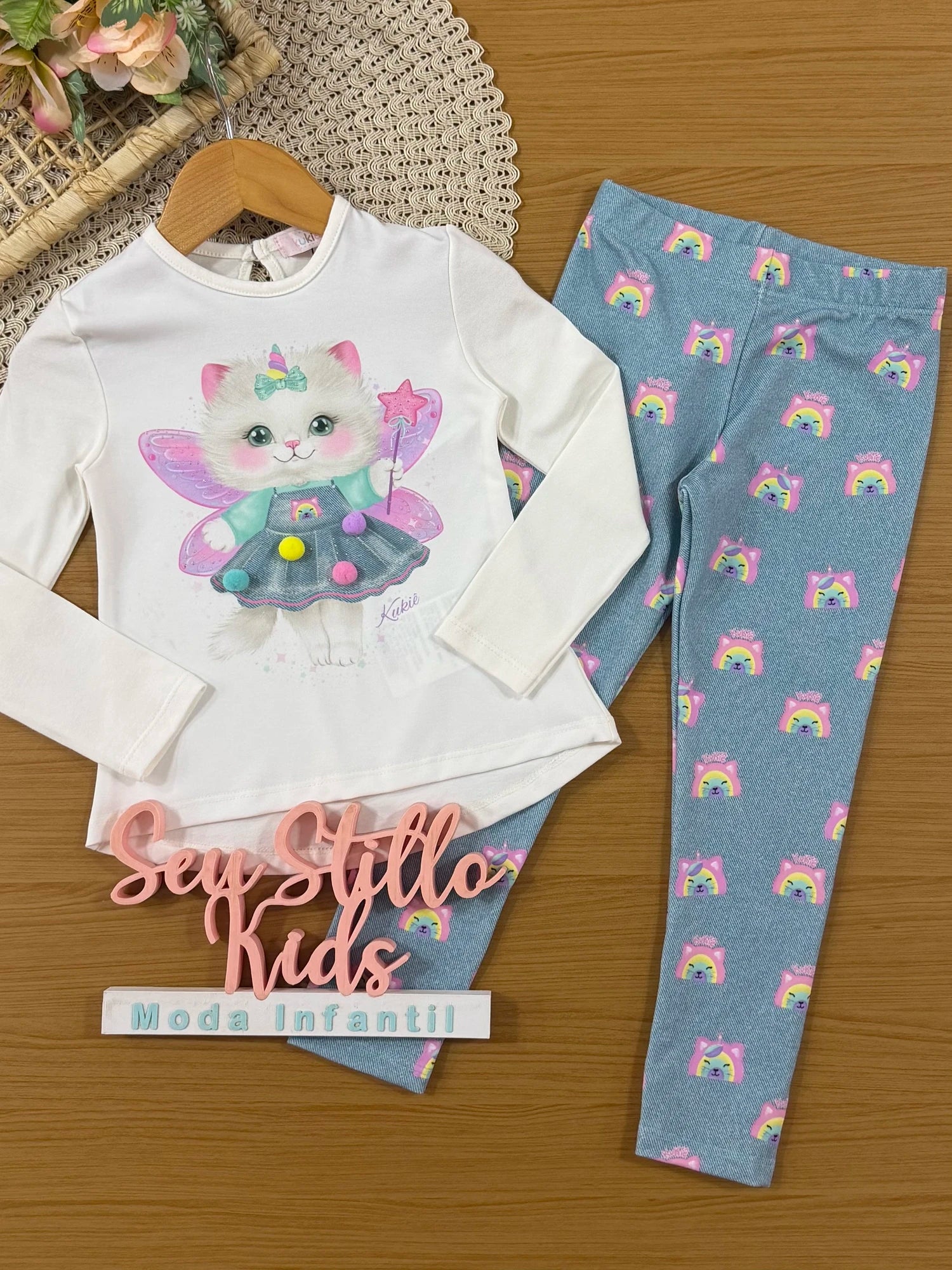 Conjunto Infantil Kukiê Inverno com Calça Legging Azule Blusa Manga Longa Gatinha Fada