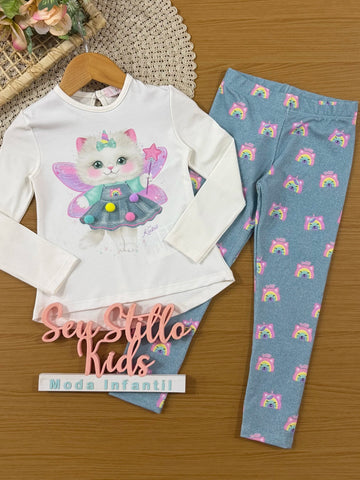 Conjunto Infantil Kukiê Inverno com Calça Legging Azule Blusa Manga Longa Gatinha Fada