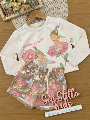Conjunto Infantil Kukiê Inverno com Shorts Marrom e Moletom sem Flanela Fadinhas