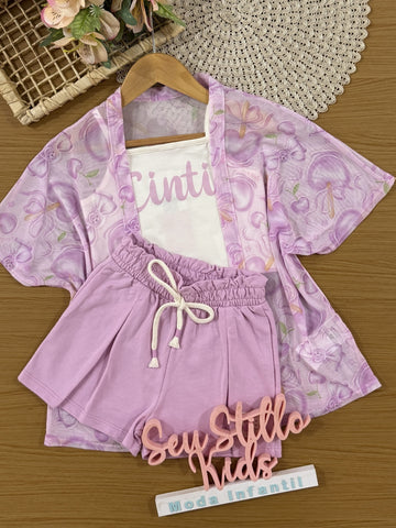 Conjunto Infantil Cinti Verão Shorts Lilás, Blusa e Kimono Docinhos