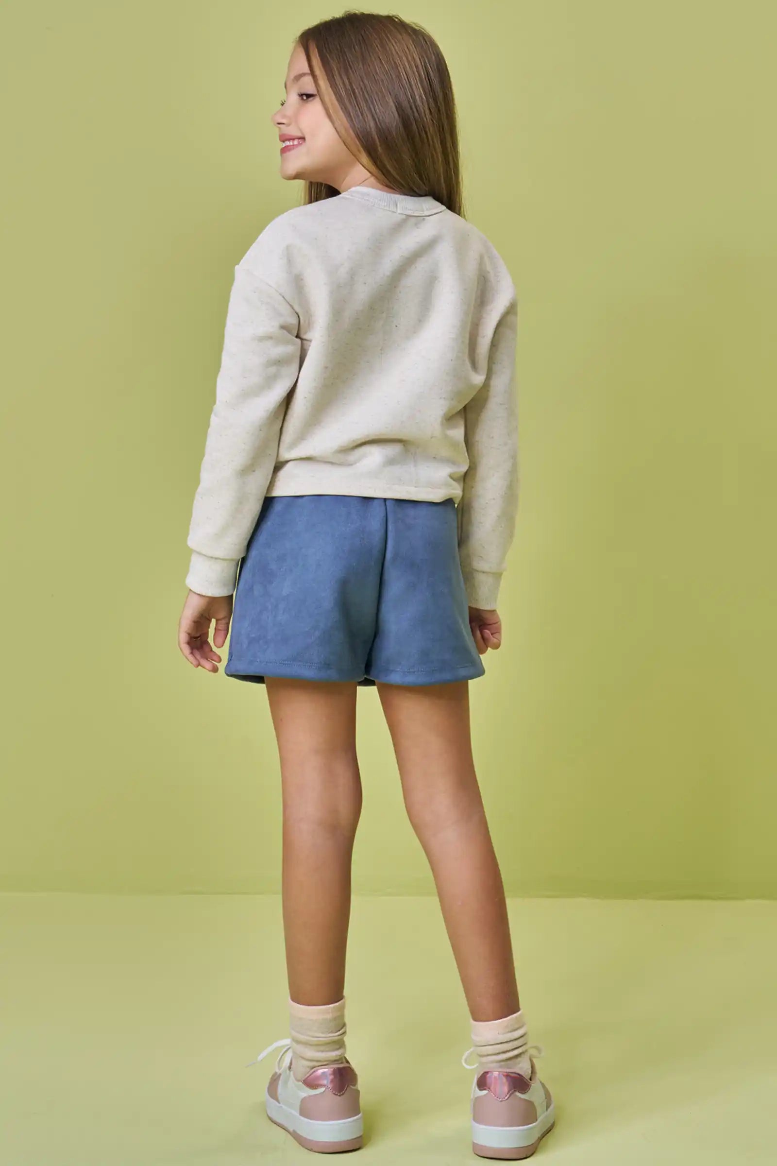 Conjunto Infantil Kukiê Inverno com Shorts Azul e Moletom sem Flanela Off White Ursinhos com Strass