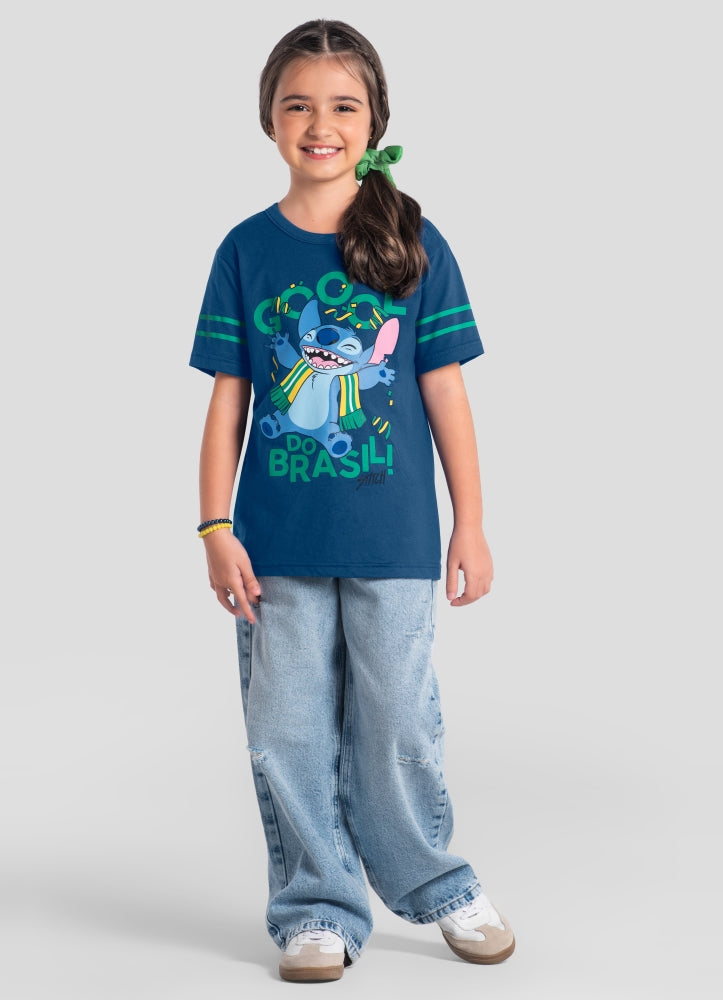 Blusa Infantil Brandili Inverno Manga Curta Azul Stitch Copa Brasil Disney
