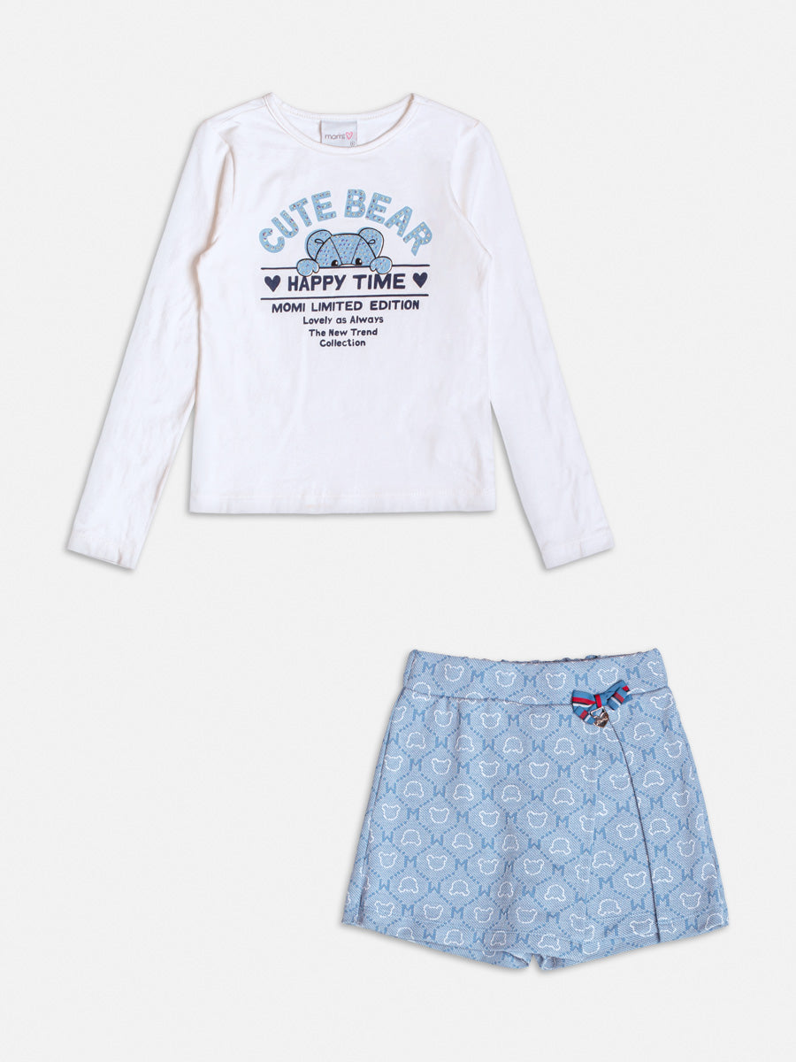 Conjunto Infantil Momi Inverno com Short Saia Azul e Blusa Branca Ursinho