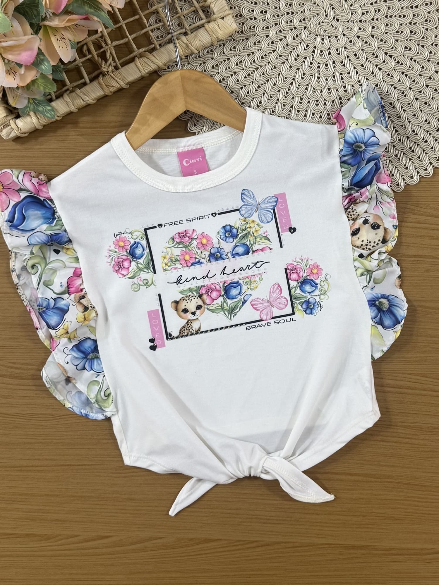 Conjunto Infantil Cinti Verão com Saia e Blusa Branca Oncinha Floral