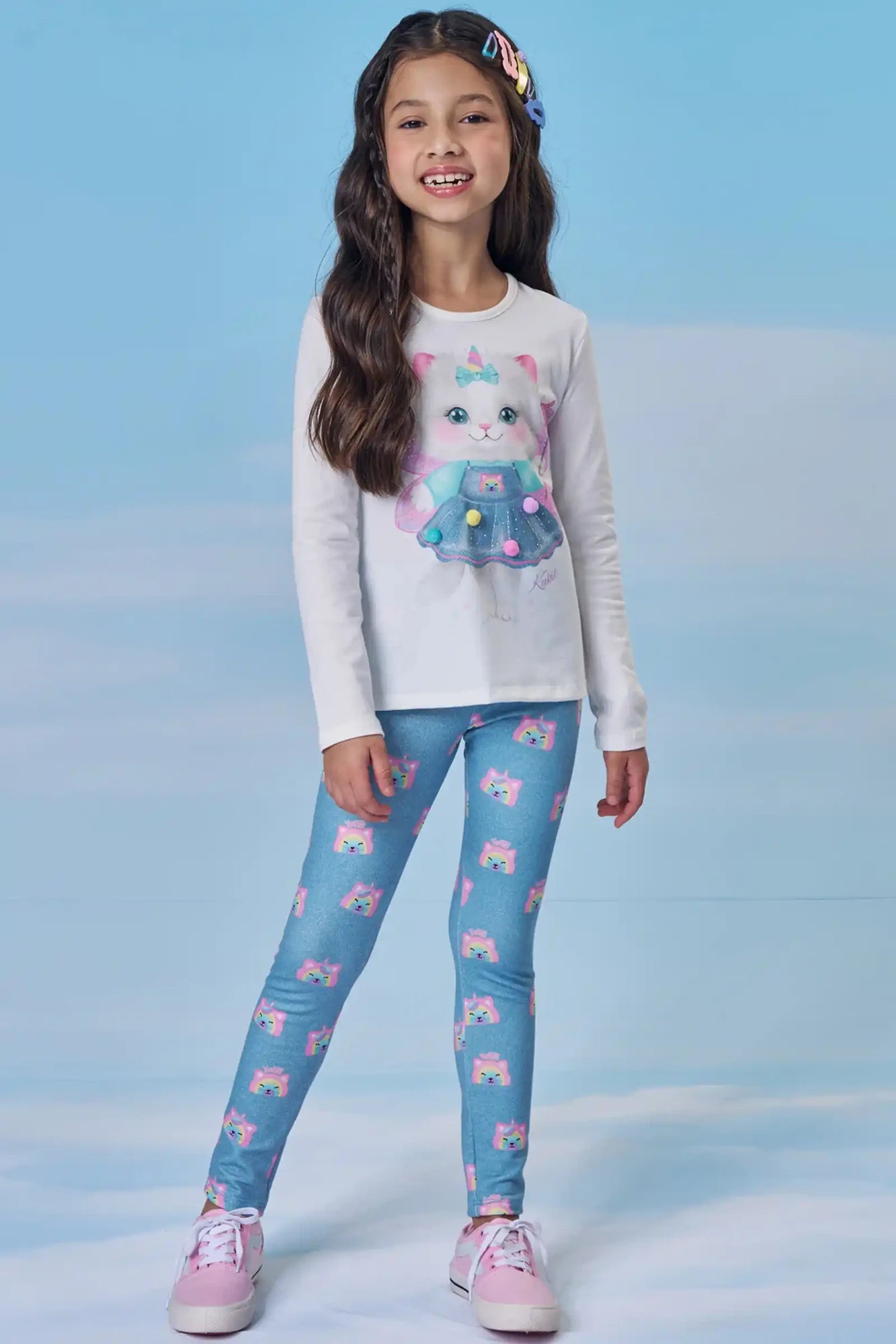 Conjunto Infantil Kukiê Inverno com Calça Legging Azule Blusa Manga Longa Gatinha Fada