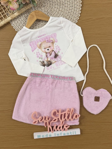 Conjunto Infantil Cinti Inverno com Saia Rosa Peluciada e Blusa Branca Ursinha Strass com Bolsinha