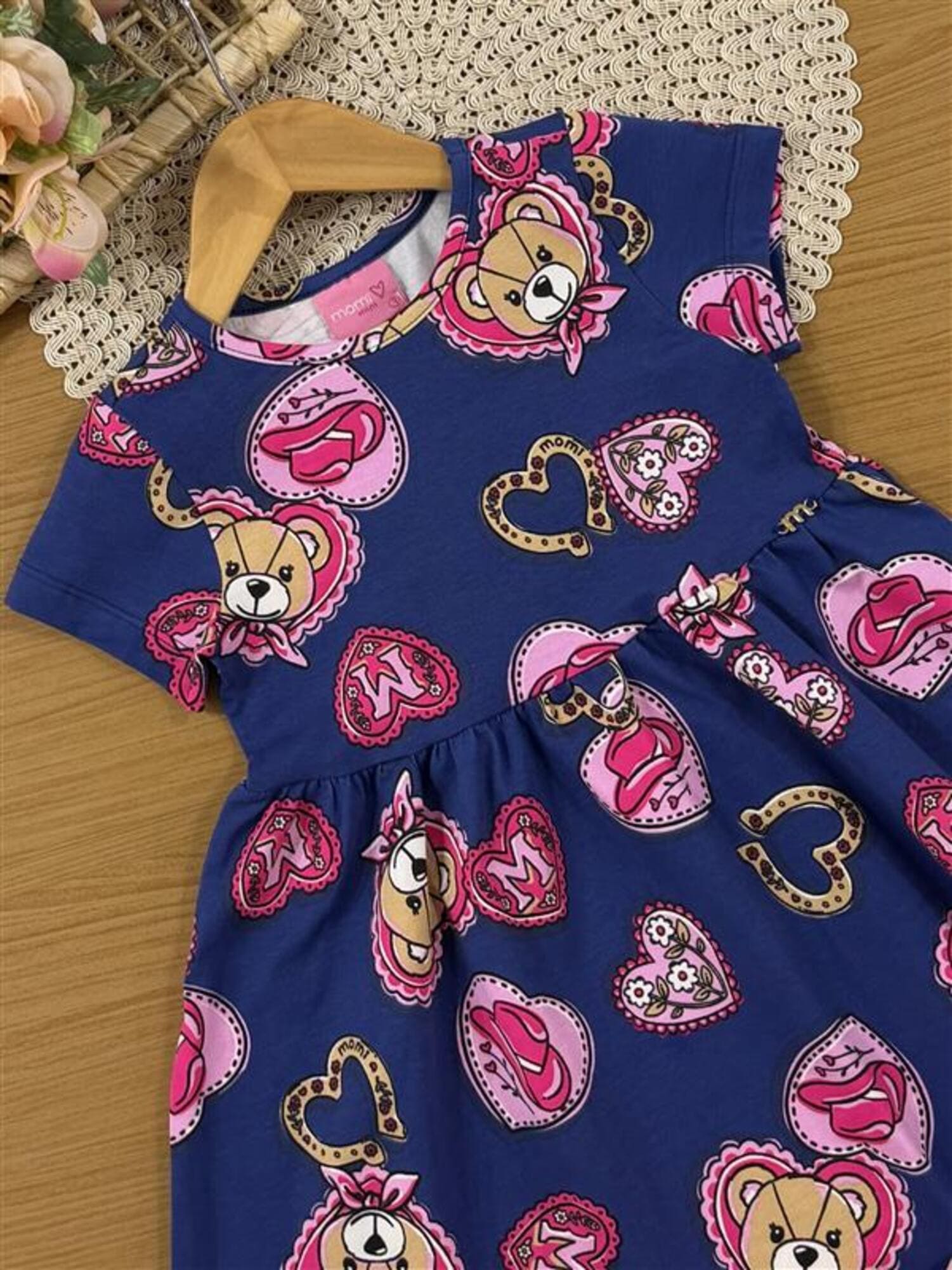 Vestido Infantil Momi Inverno Azul Ursinha Cowgirl