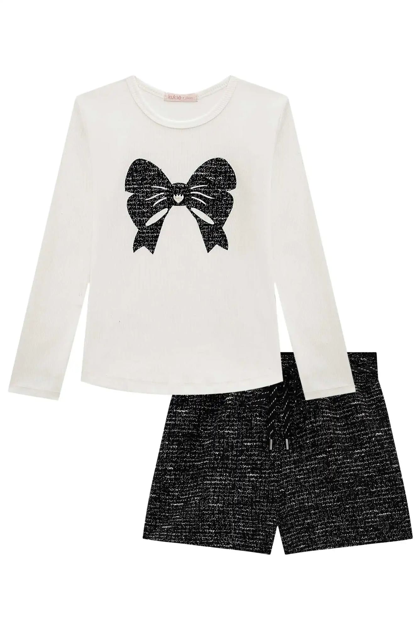 Conjunto Infantil Kukiê Inverno com Shorts Preto e Blusa Manga Longa Laço