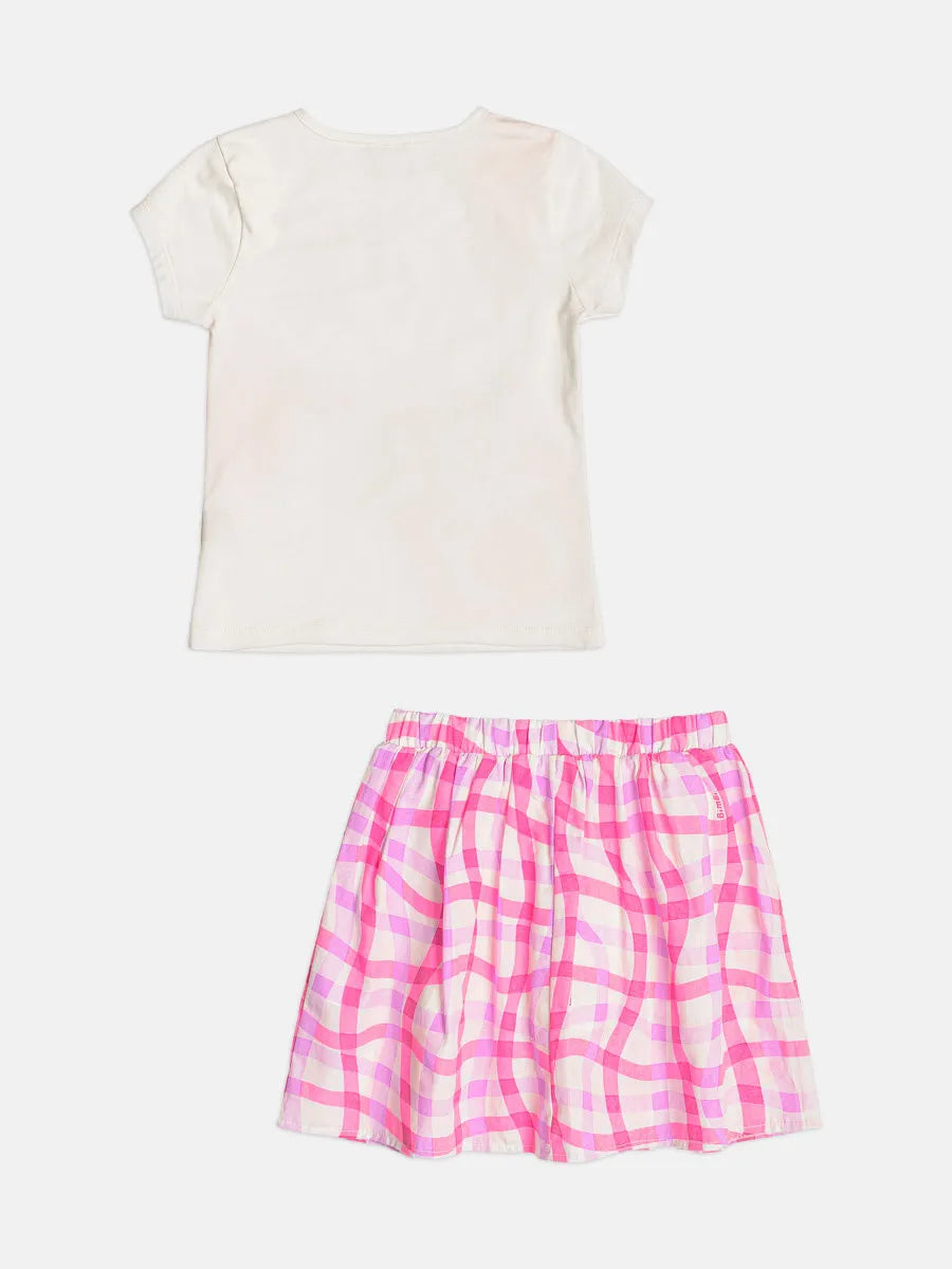 Conjunto Infantil Menina Bimbi com Saia Xadrez Rosa e Blusa Branca Laranjinhas