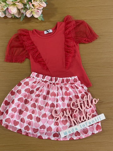 Conjunto Infantil Kukie Verão Com Saia Corações e Blusa Vermelha