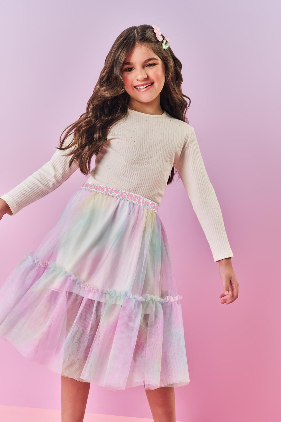 Blusa Infantil Cinti Inverno Manga longa Canelada Off White Strass