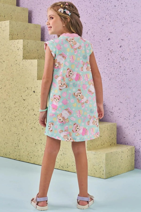Vestido Infantil Kukiê Verão Verde Ursinhas Tênista