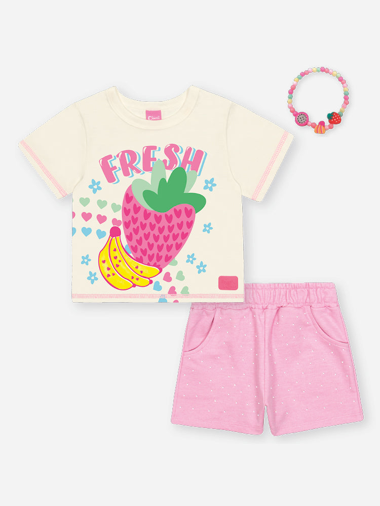 Conjunto Infantil Cinti Verão, Shorts Rosa e Blusa Branca Frutinhas com Pulseira