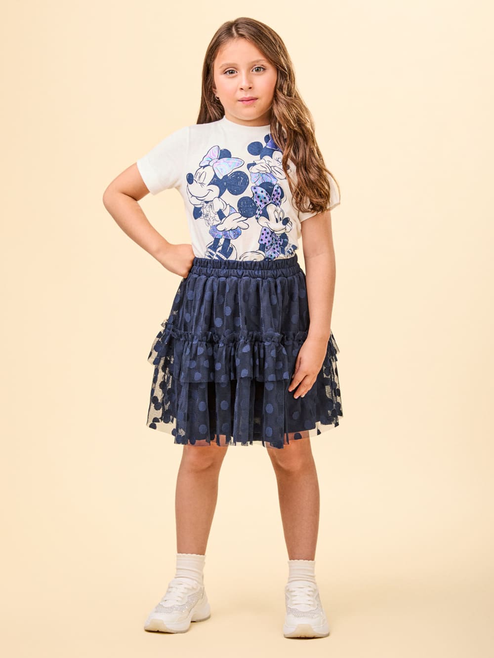 Conjunto Infantil Animê Verão Saia Marinho Tule e Blusa Minnie Disney
