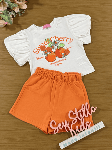 Conjunto Infantil Momi Verão Shorts Laranja e Blusa Cereja Doce