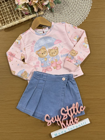 Conjunto Infantil Kukiê Inverno com Shorts Saia Jeans e Blusa Manga Longa Rosa Ursinhas