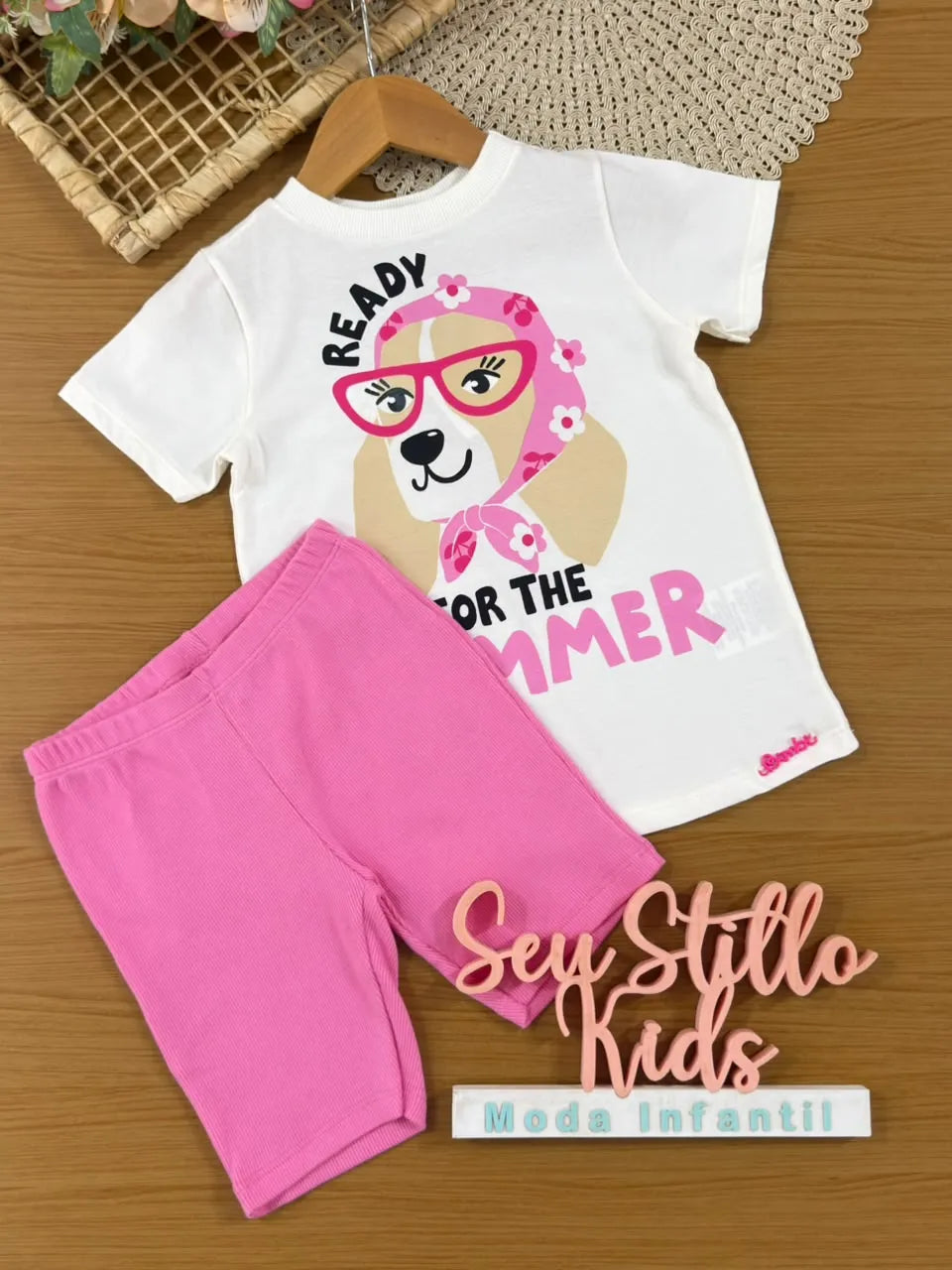 Conjunto Infantil Menina Bimbi Shorts Ciclista Rosa e Blusa Cachorrinha