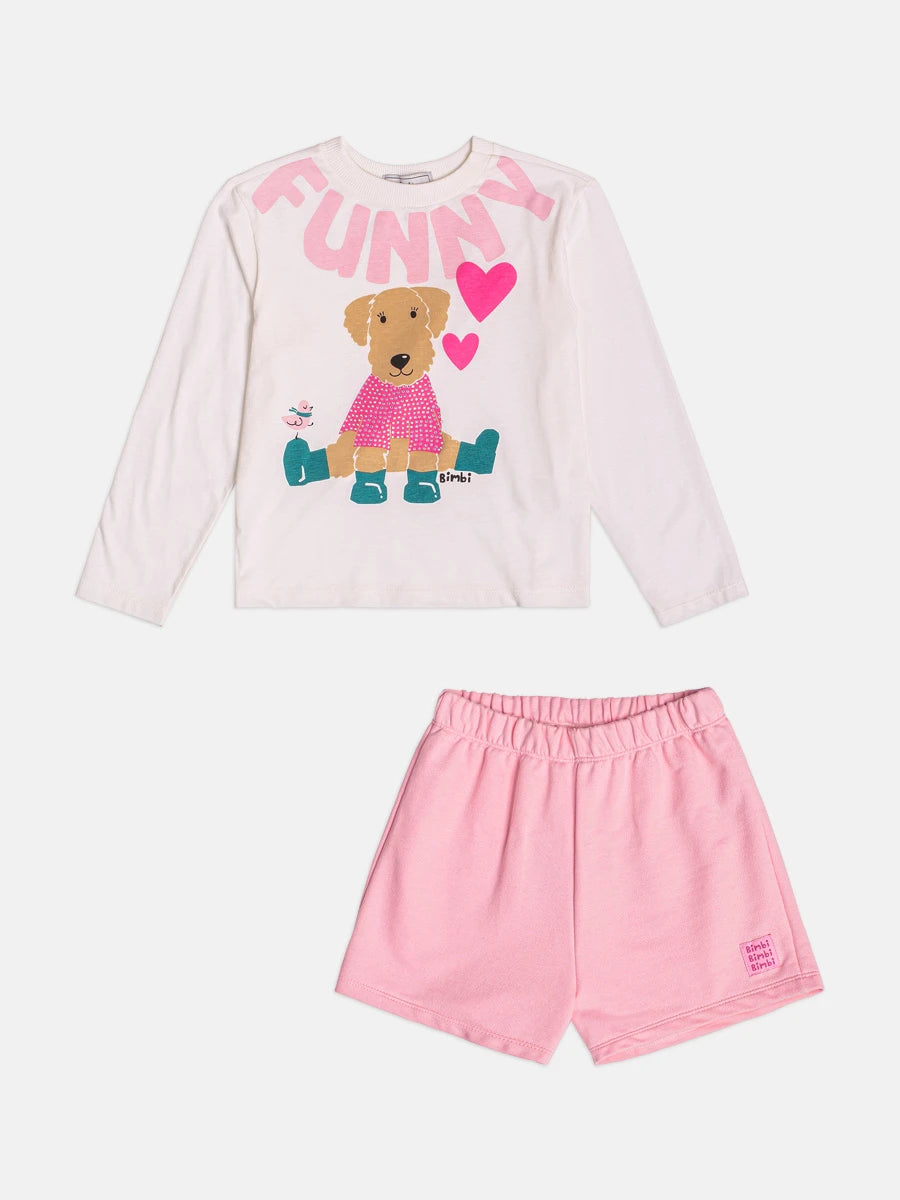 Conjunto Infantil Bimbi Inverno com Shorts Rosa  e Blusa Manga Longa Cachorrinha Funny