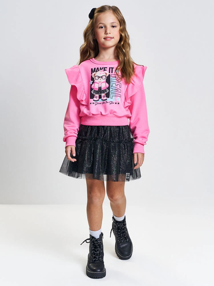 Conjunto Infantil Cinti Inverno com Saia em Tule Preta e Moletom sem Flanela Ursinha Fashion