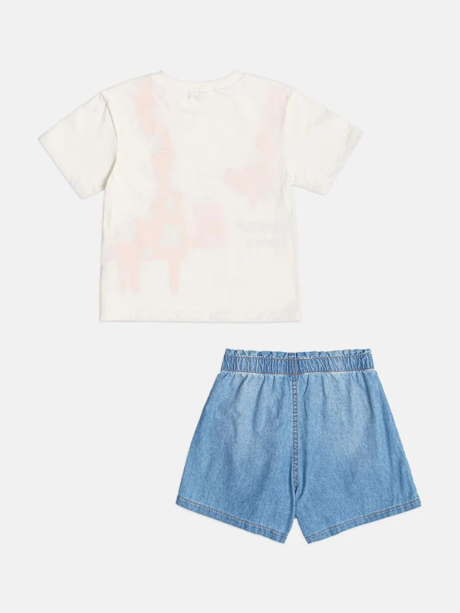 Conjunto Infantil Menina Bimbi com Shorts Jeans e Blusa Branca Girafinha