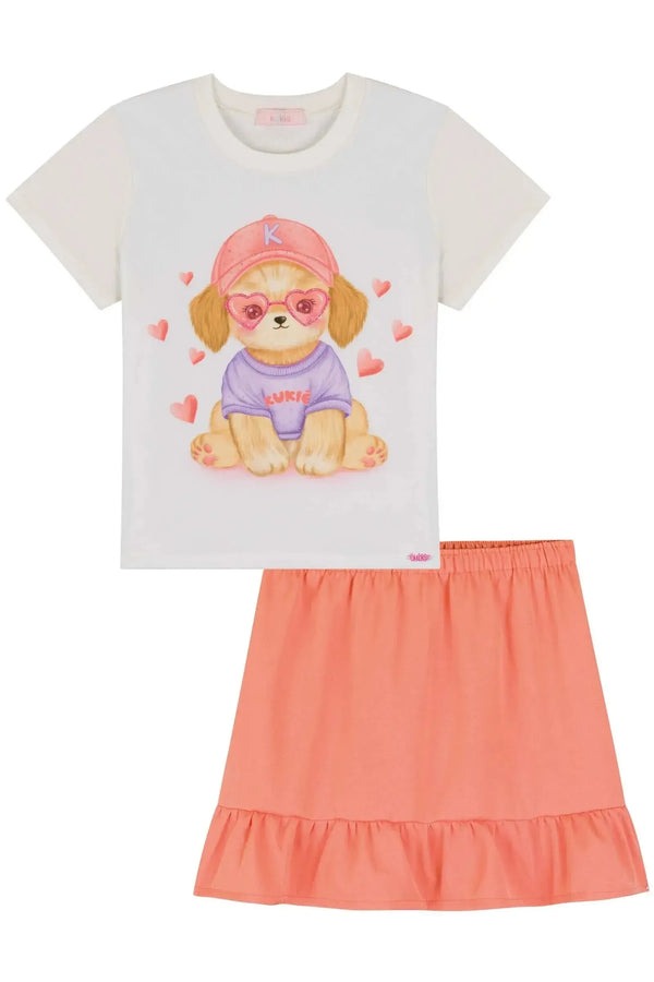 Conjunto Infantil Kukiê Verão com Shorts Laranja e Blusa Branca Cachorrinha com Strass