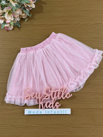 Saia Infantil Animê Inverno Rosa Tule e Paetê