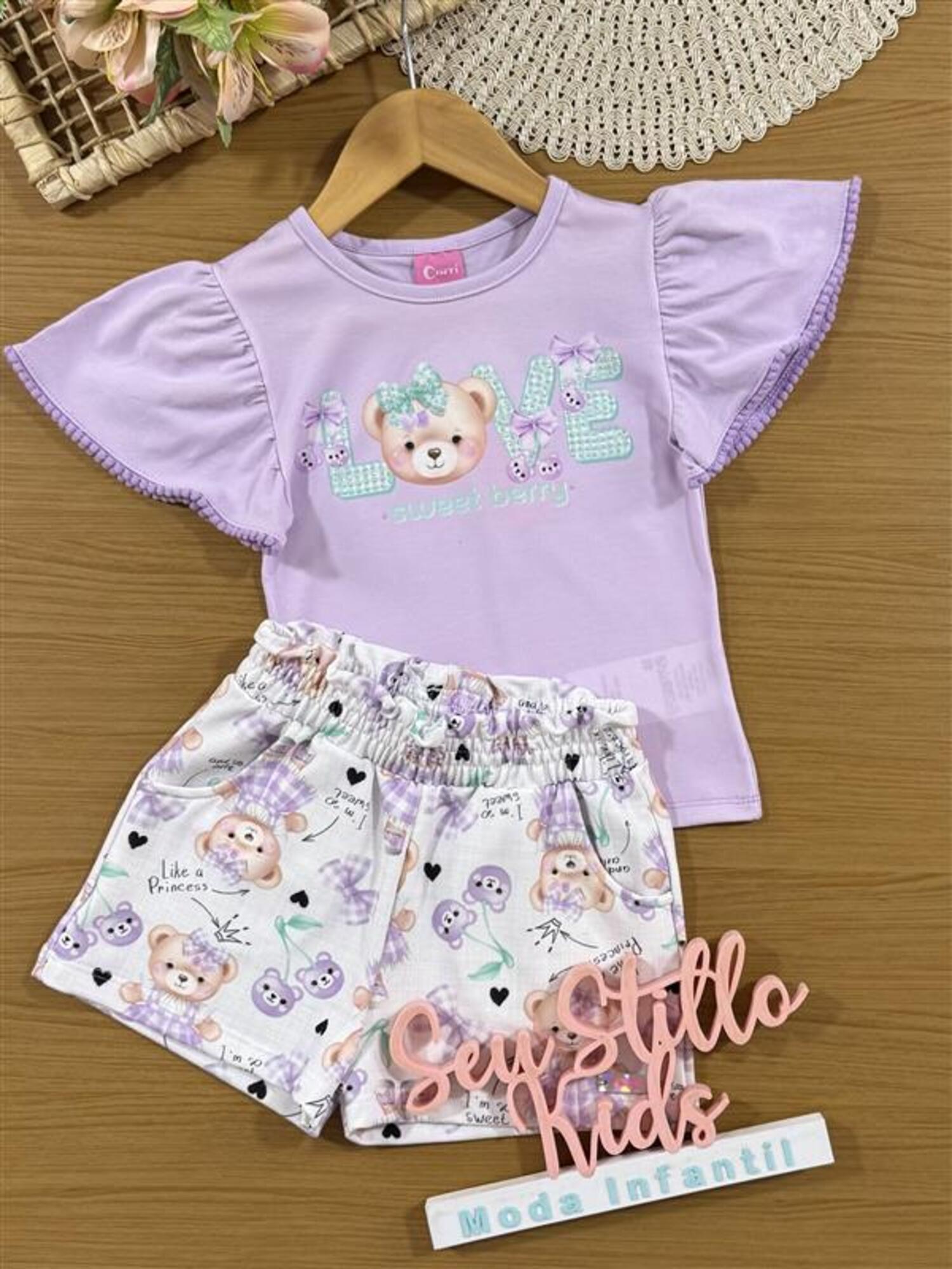 Conjunto Infantil Cinti Verão com Shorts e Blusa Lilás Ursinha Love com Strass