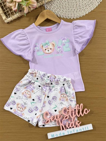 Conjunto Infantil Cinti Verão com Shorts e Blusa Lilás Ursinha Love com Strass