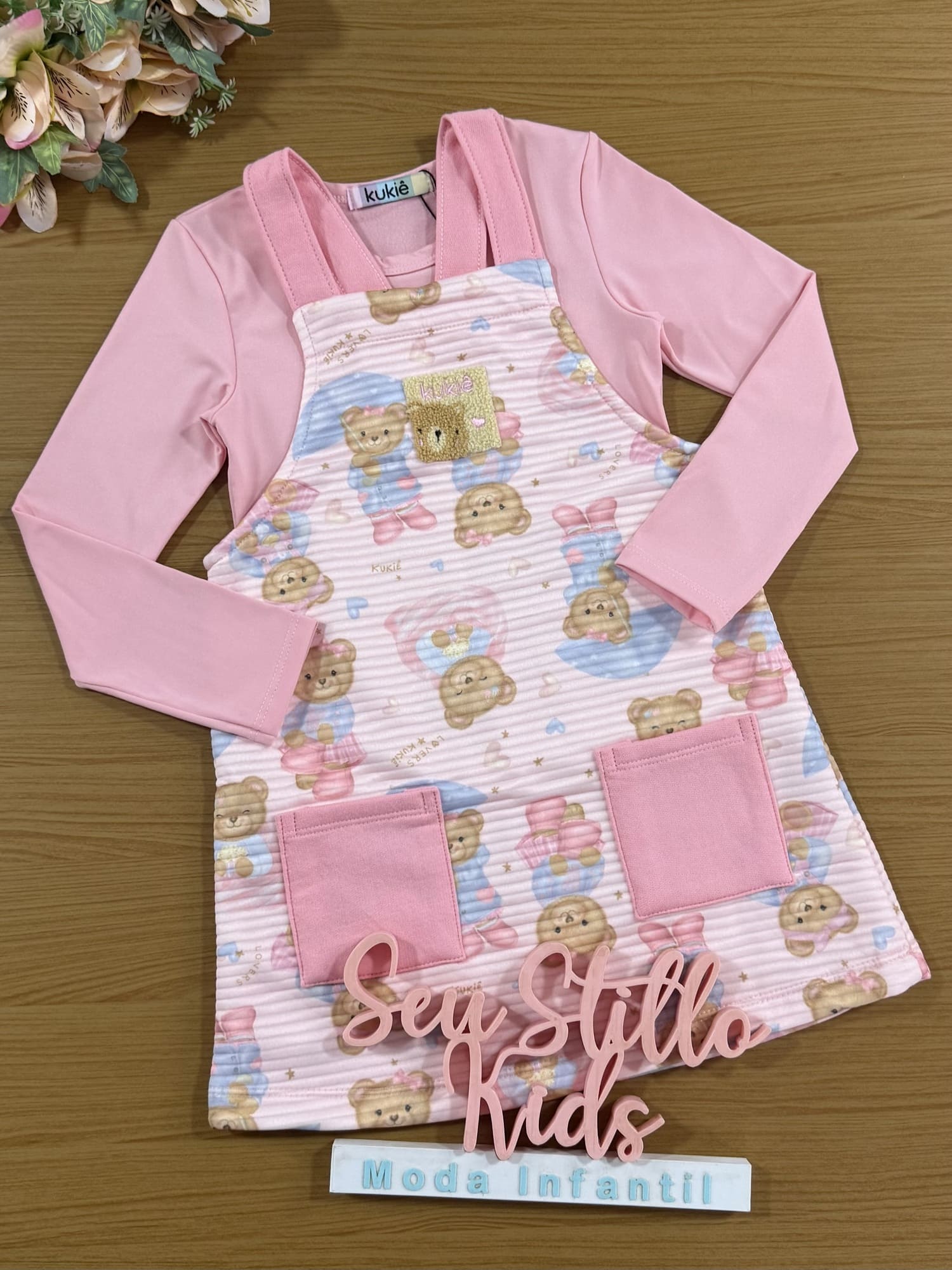 Salopete Infantil Kukiê Inverno com Blusa Térmica Rosa Ursinhos