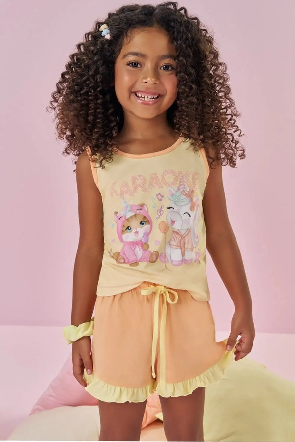 Pijama Infantil Kukiê Verão com Shorts Laranja e Regata Amarela Bichinhos Karaoke