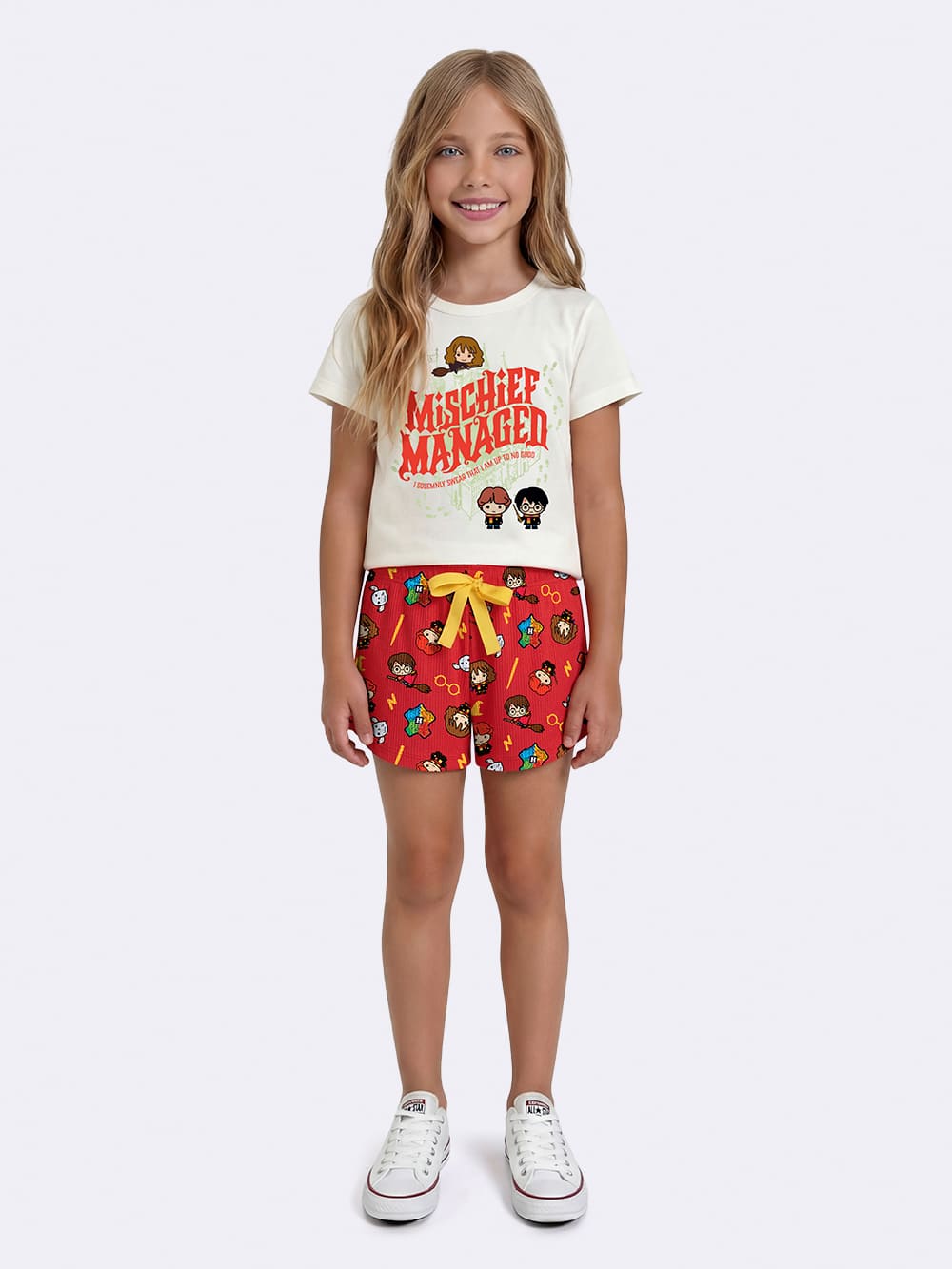 Pijama Infantil Menina Veggi com Shorts Vermelho e Blusa Harry Potter