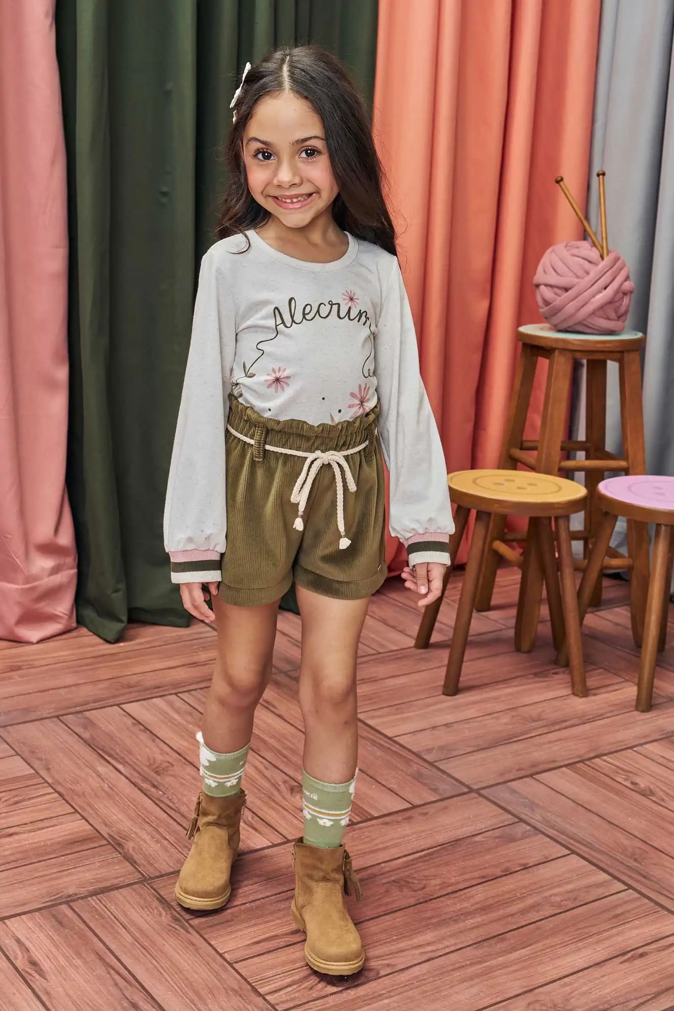 Conjunto Infantil Kukiê Inverno com Shorts Verde e Blusa Manga Longa Alecrim