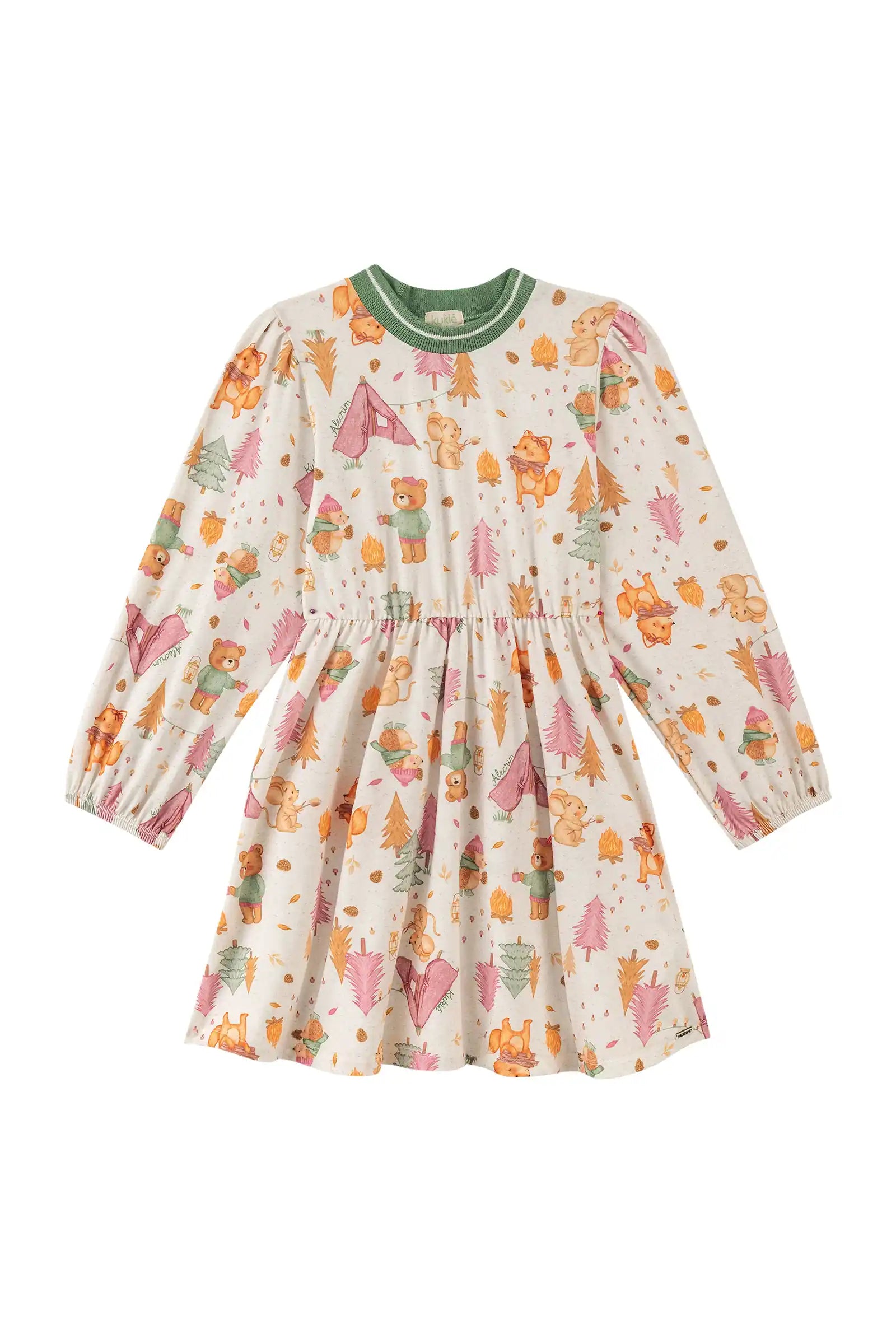Vestido Infantil Kukiê Inverno Manga Longa Off White Animais na Floresta