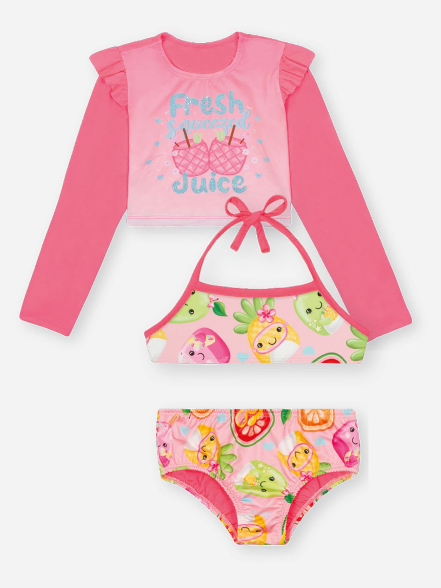 Biquíni Infantil Cinti Verão com Cropped  Manga Longa Rosa Neon Fresh