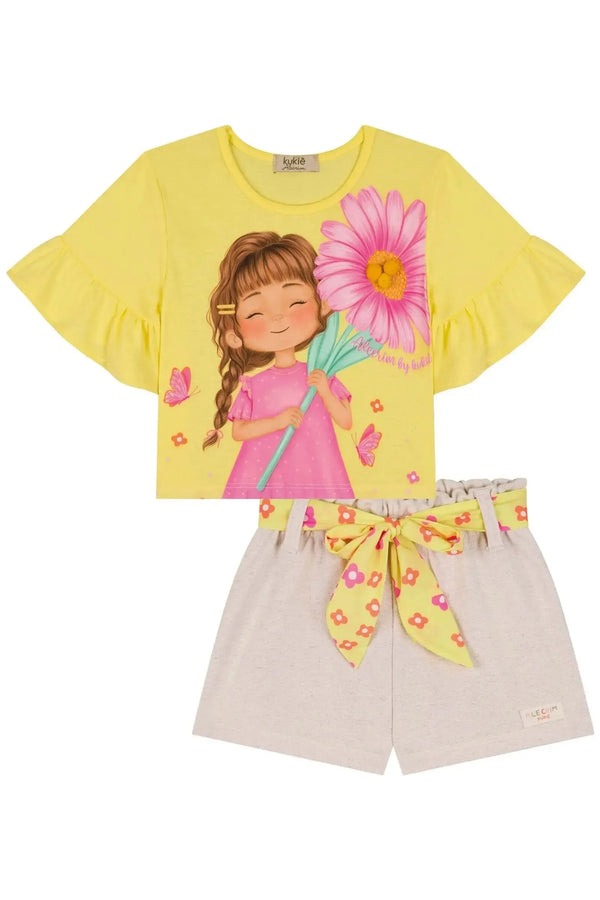 Conjunto Infantil Kukiê Verão com Shorts Off White e Blusa Amarela Menina Floral