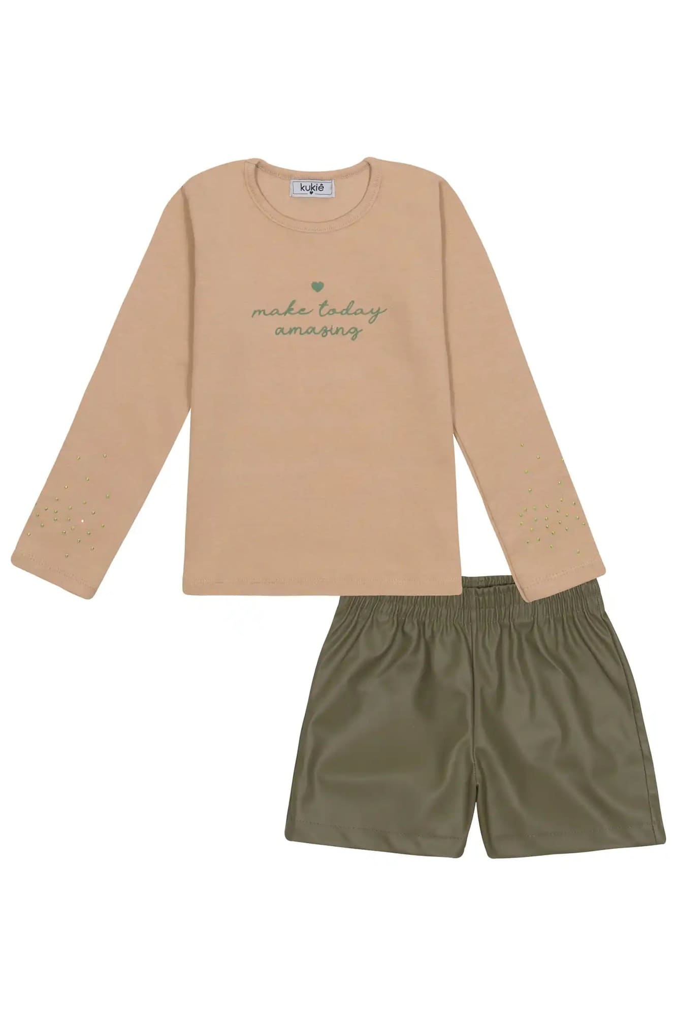 Conjunto Infantil Kukiê Inverno com Shorts Verde e Blusa Manga Longa Bege Amazing