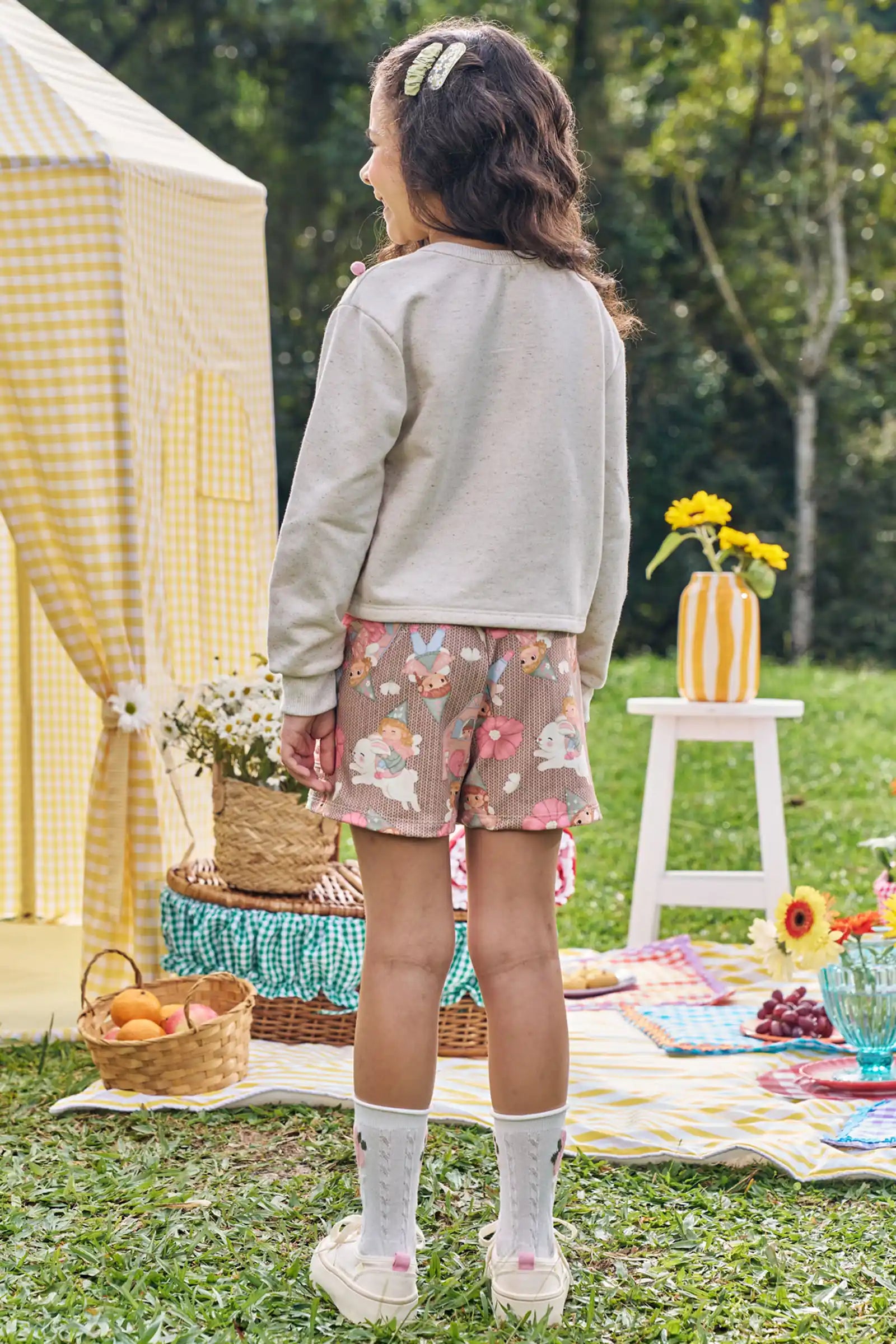 Conjunto Infantil Kukiê Inverno com Shorts Marrom e Moletom sem Flanela Fadinhas