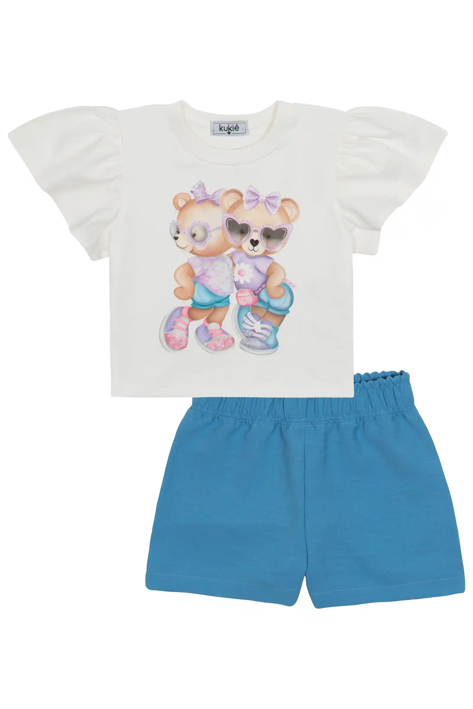 Conjunto Infantil Kukiê com Shorts Azul e Blusa Manga Curta Ursinhos