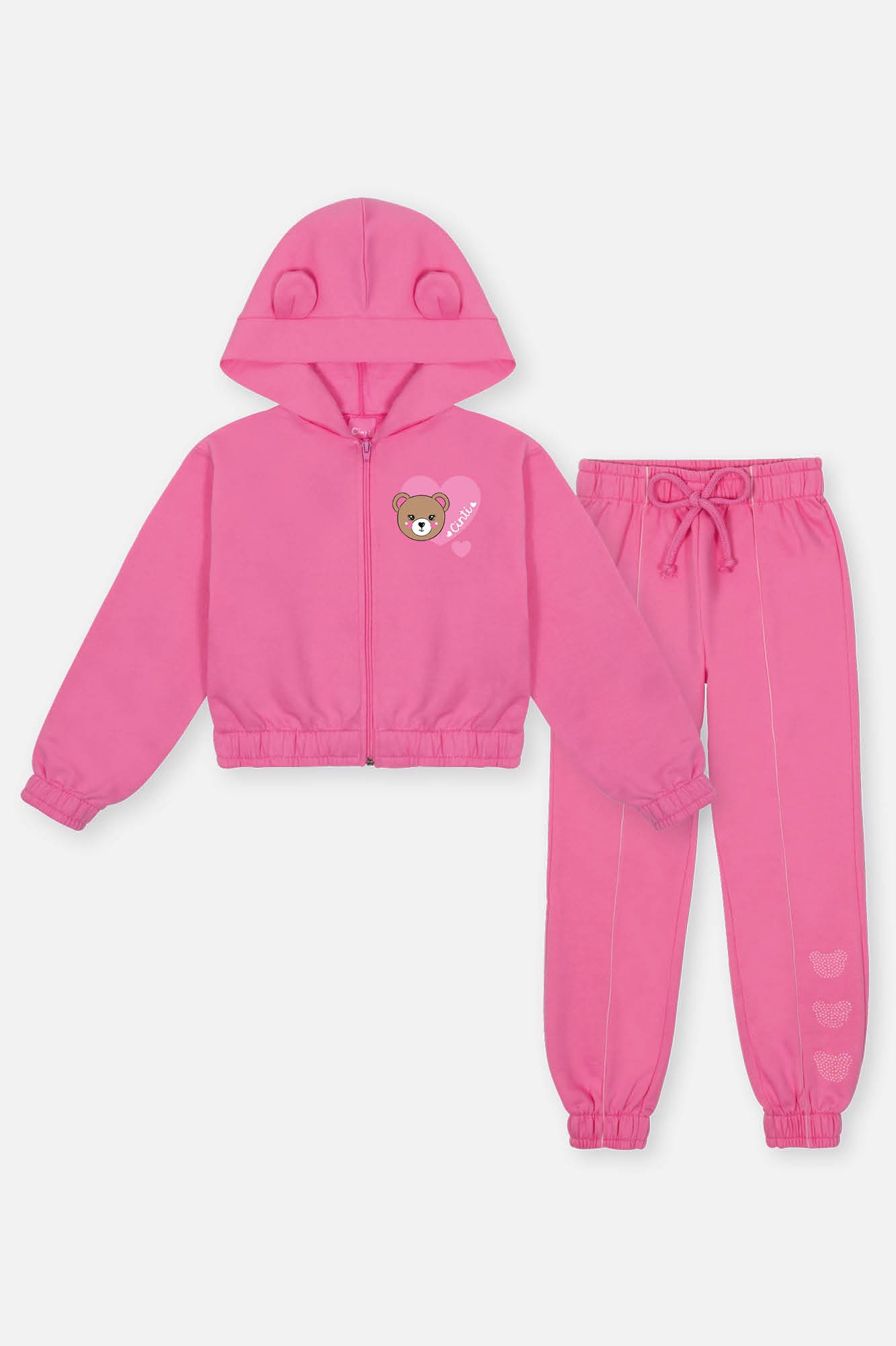 Conjunto Infantil Cinti Inverno com Calça e Jaqueta Rosa Ursinho Coração