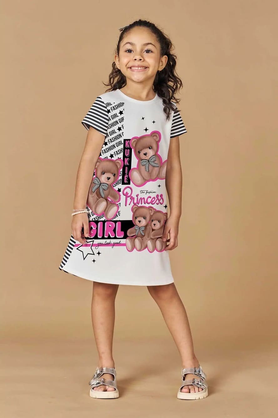 Vestido Infantil Kukie Verão Branco e Preto Ursinhos