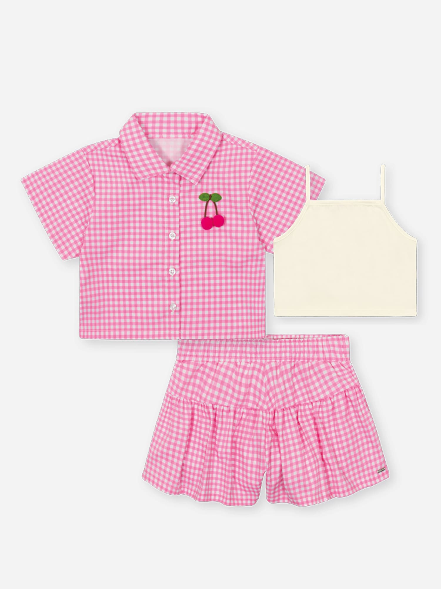 Conjunto Infantil Cinti Verão com Shorts, Blusa e Sobreposição Rosa Xadrez