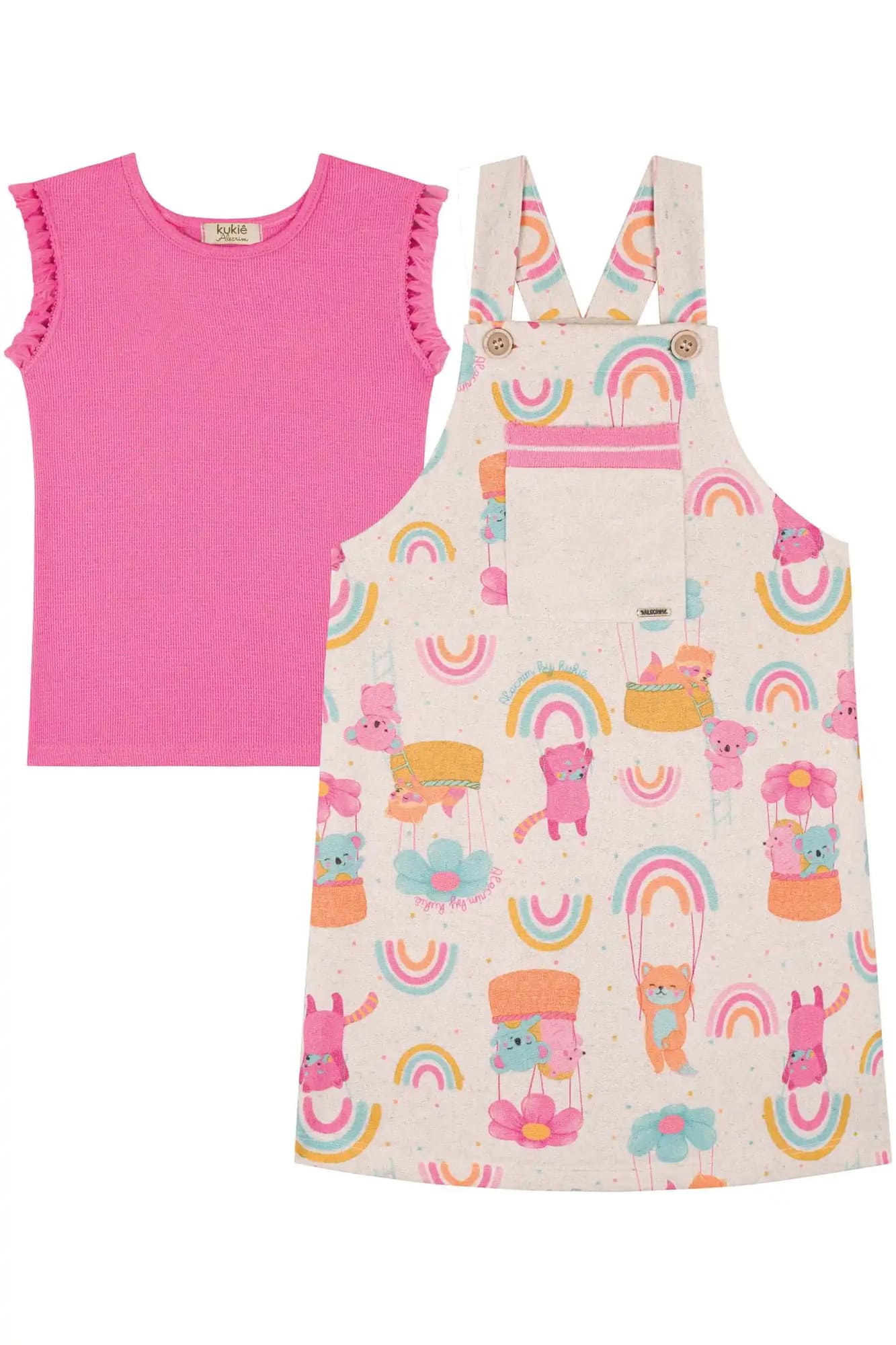 Salopete Infantil Kukiê Verão Off White Bichinhos com Blusa Rosa