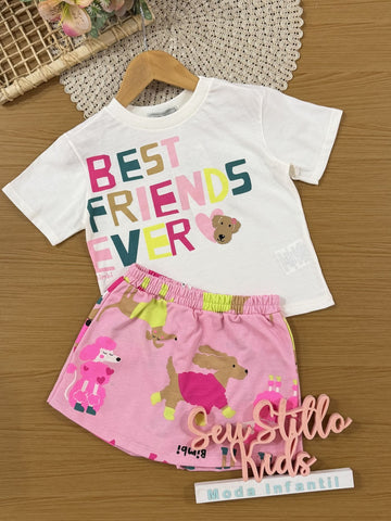 Conjunto Infantil Bimbi Inverno com Short-Saia Rosa e Blusa Branca Best Friends