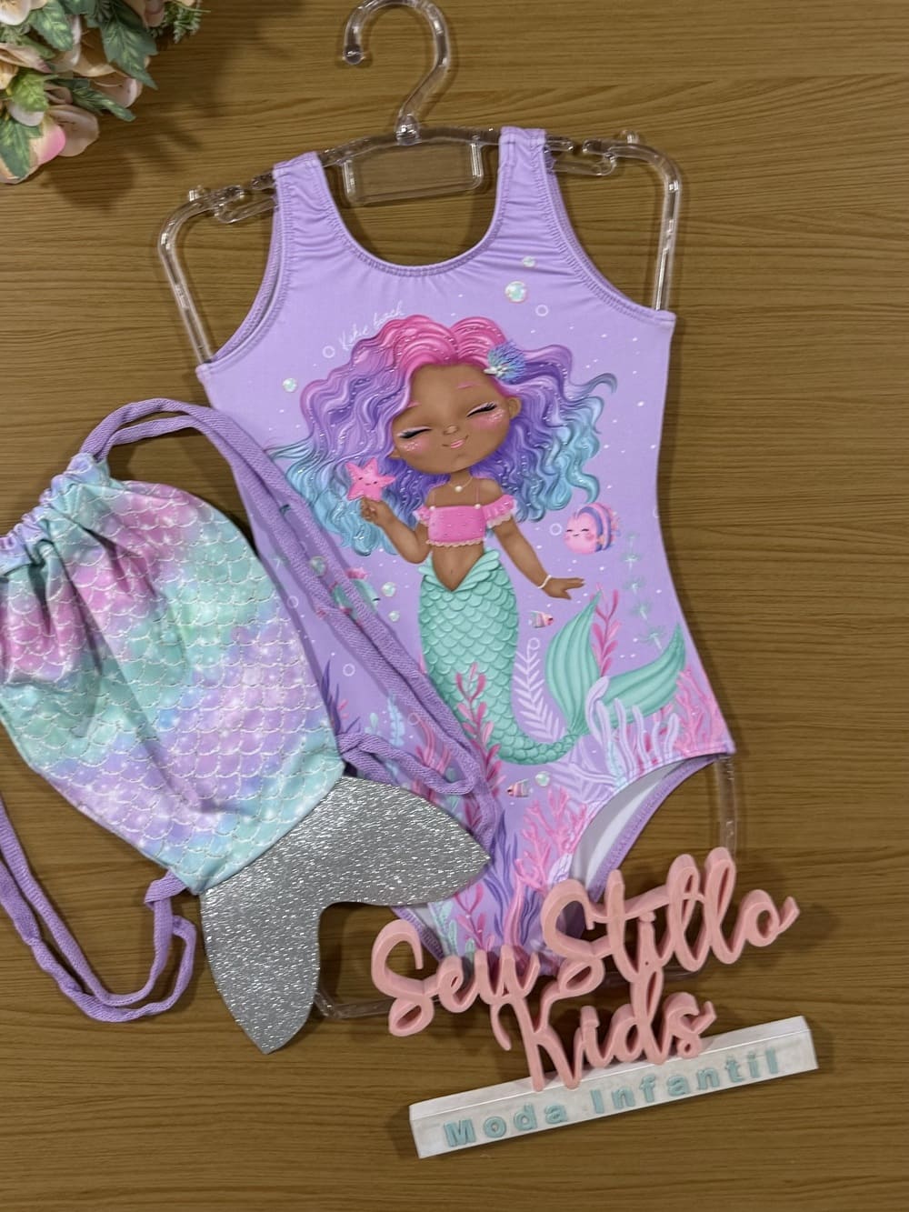 Maiô Infantil Kukie Verão Lilás Sereia com Strass e Bolsinha
